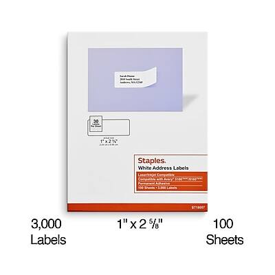 3,000 White Address Labels  
1" x 2 5/8"  
100 Sheets  
Staples  
$16.00