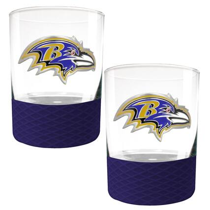 Front. Great American Products - Baltimore Ravens 2-Pack 14oz. Rocks Glass Set with Silcone Grip - Purple.