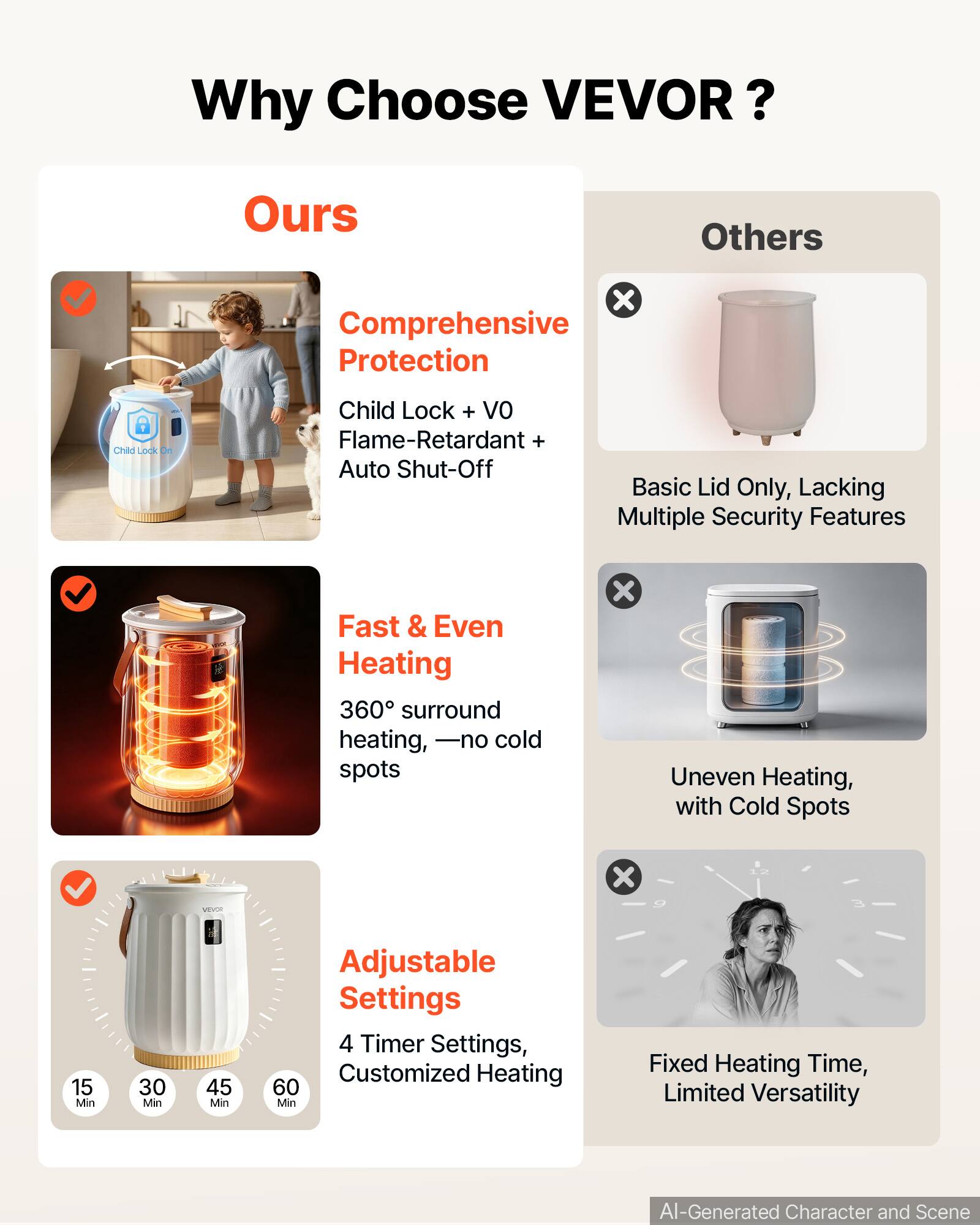 Why Choose VEVOR?

Ours
- Comprehensive Protection
  - Child Lock On
  - Child Lock + VO Flame-Retardant + Auto Shut-Off
- Fast & Even Heating
  - 360° surround heating, —no cold spots
- Adjustable Settings
  - 4 Timer Settings, Customized Heating (15 Min, 30 Min, 45 Min, 60 Min)

Others
- Basic Lid Only, Lacking Multiple Security Features
- Uneven Heating, with Cold Spots
- Fixed Heating Time, Limited Versatility

AI-Generated Character and Scene