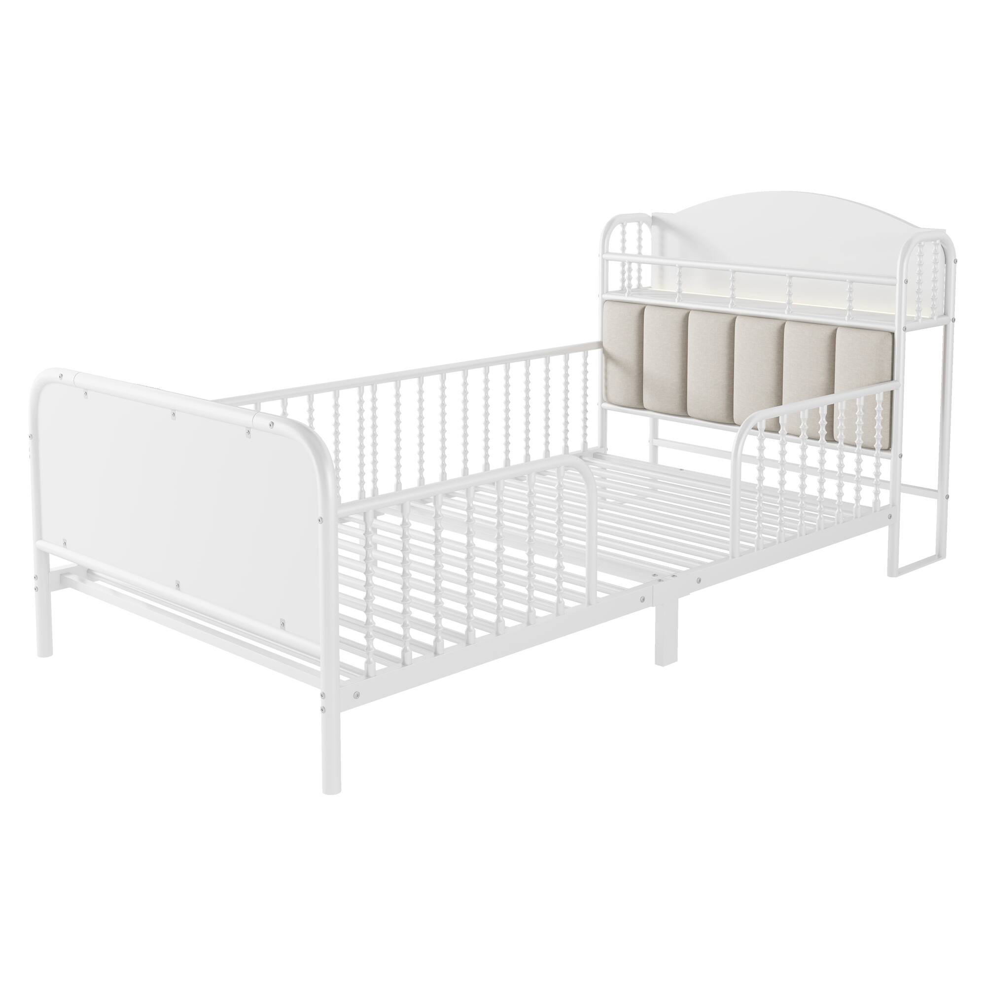 Alt View 2. LUCKY ONE - Twin Size Kids Metal Platform Bed Frame with Light and Storage Headboard - White.