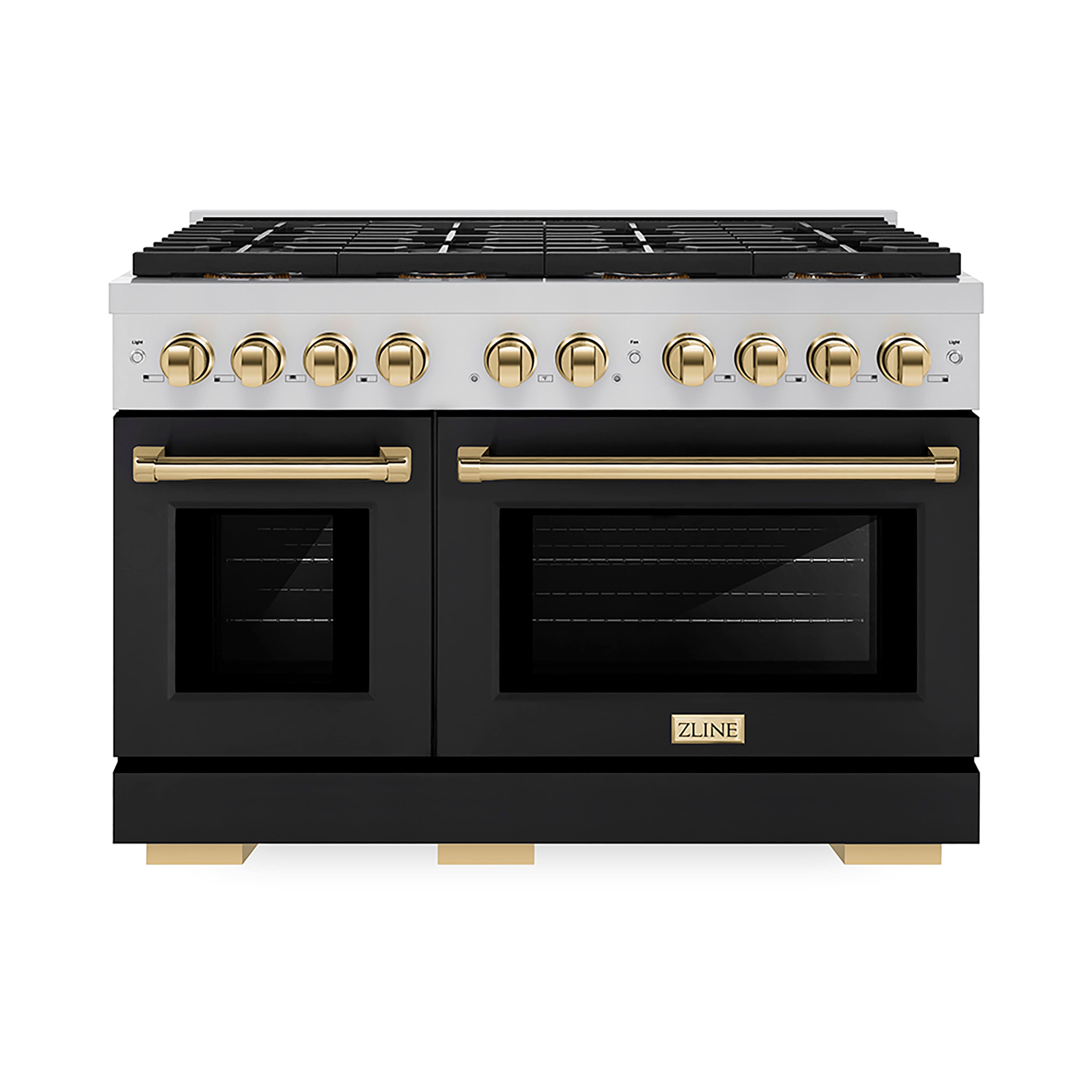 Front. ZLINE - 48 in. Wide 8 Burner Autograph Paramount Gas Range with 8 DuoPro Burners & Black Doors w/ Gold Accents (PSGRZ-BLM-48-G) - Stainless Steel with Black Matte Door.
