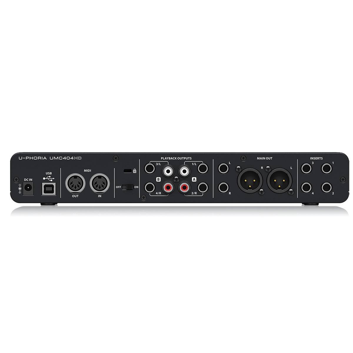 U-PHORIA UMC404HD MIDI USB

PLAYBACK OUTPUTS 3/L 1/L

I MAIN OUT R

I INSERTS 3 1

DC IN B A

+ OUT IN

TE ON + 4/E

2I8 i 4 2