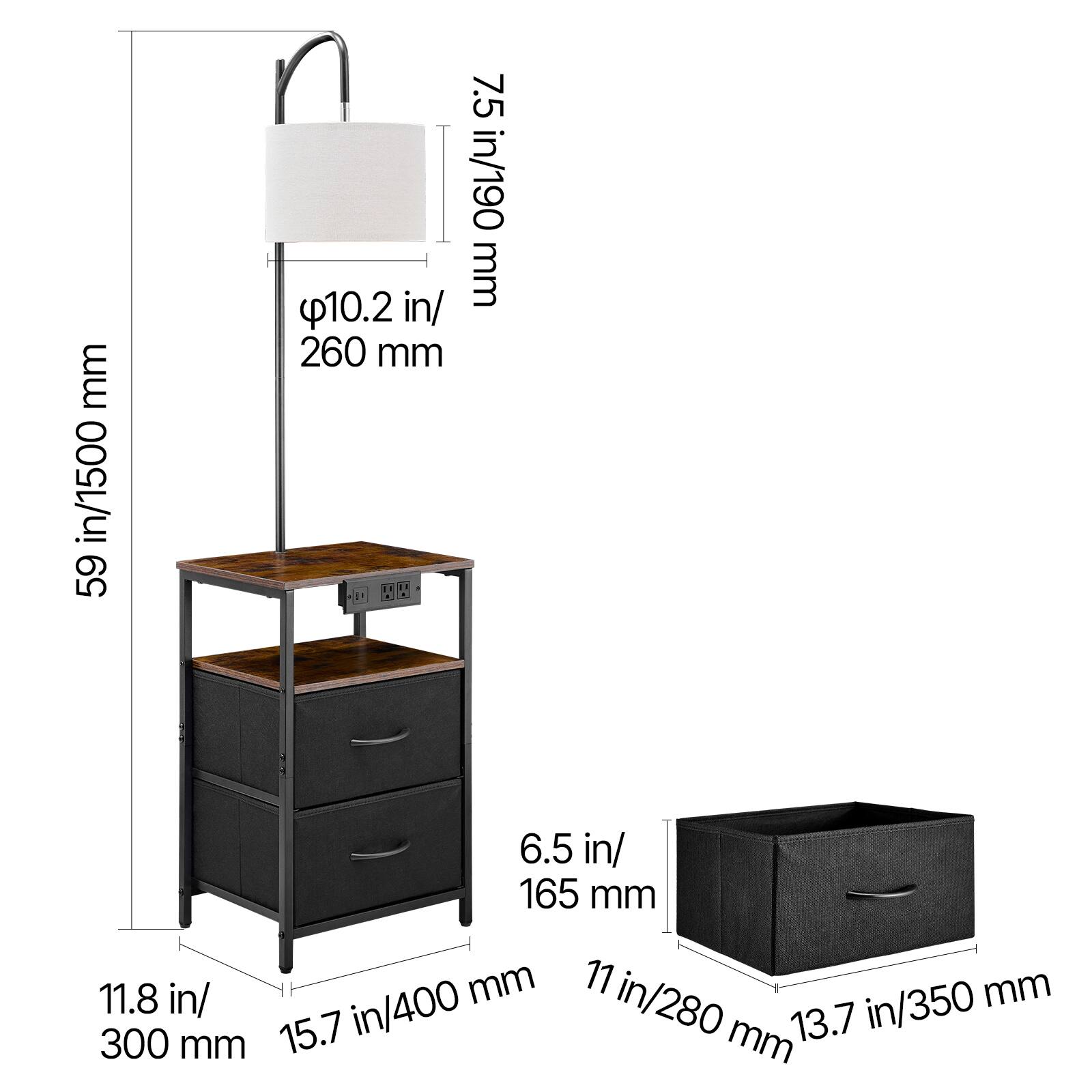 - 59 in/1500 mm
- 7.5 in/190 mm
- 10.2 in/260 mm
- 6.5 in/165 mm
- 11.8 in/300 mm
- 15.7 in/400 mm
- 11 in/280 mm
- 13.7 in/350 mm
