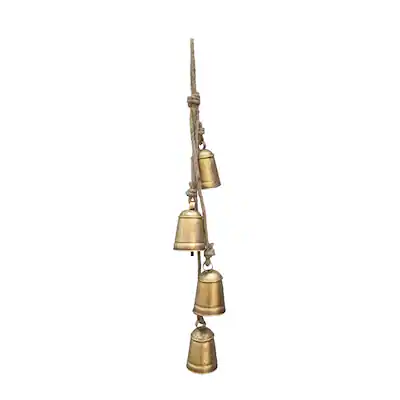 Front. Manhattan Lane - Zema Rustic Iron Hanging Bells Wall Decor, Cylindrical Cowbell on 28 Inch Jute Rope - Gold.