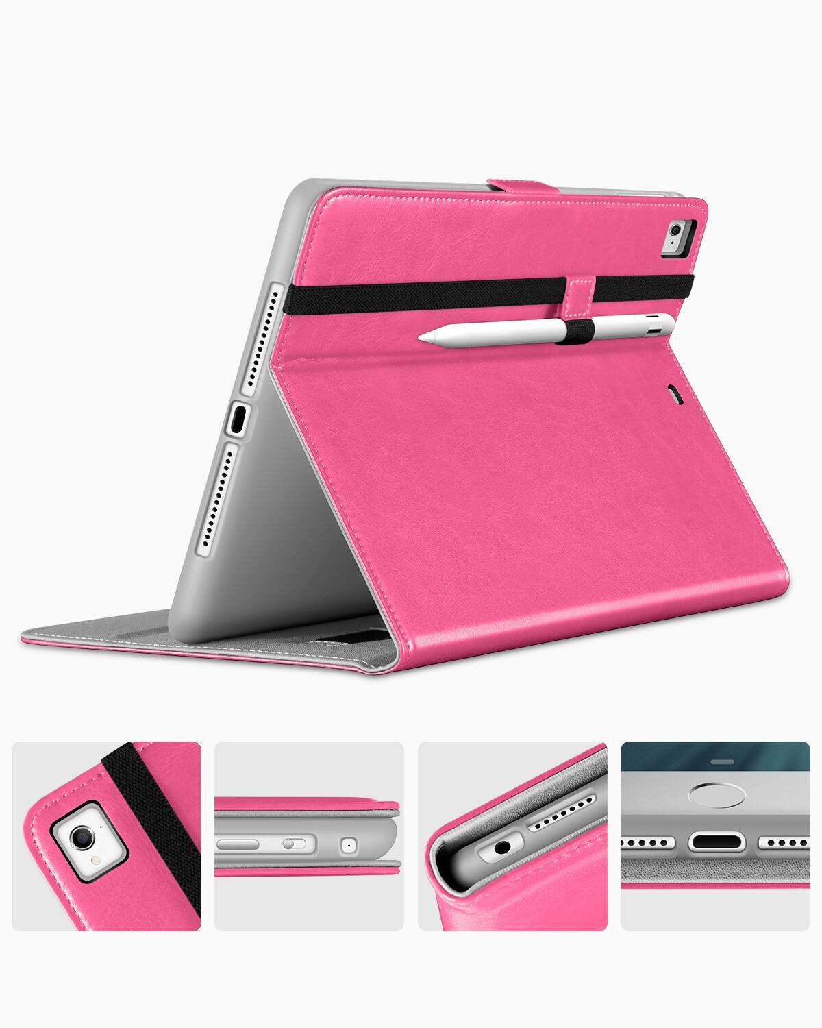 Left. DTTO - for iPad 9.7 Inch 5th/6th Gen 2018/2017 Case with Apple Pencil Holder, Premium Leather Folio Stand Cover Case - Rose Red.