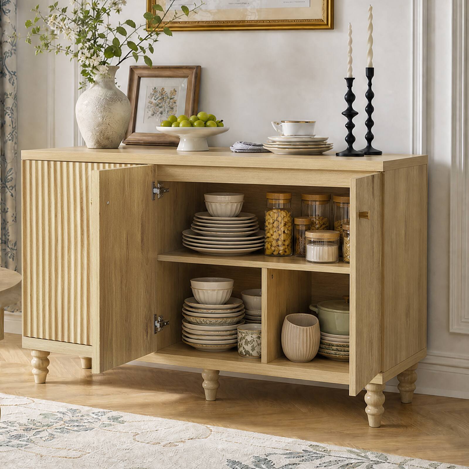 Alt View 5. Bestier - Mid Century Fluted TV Stand with 3 Doors, Retro Media Console with Brushed Gold Handles & Wood Legs - Natual Oak.