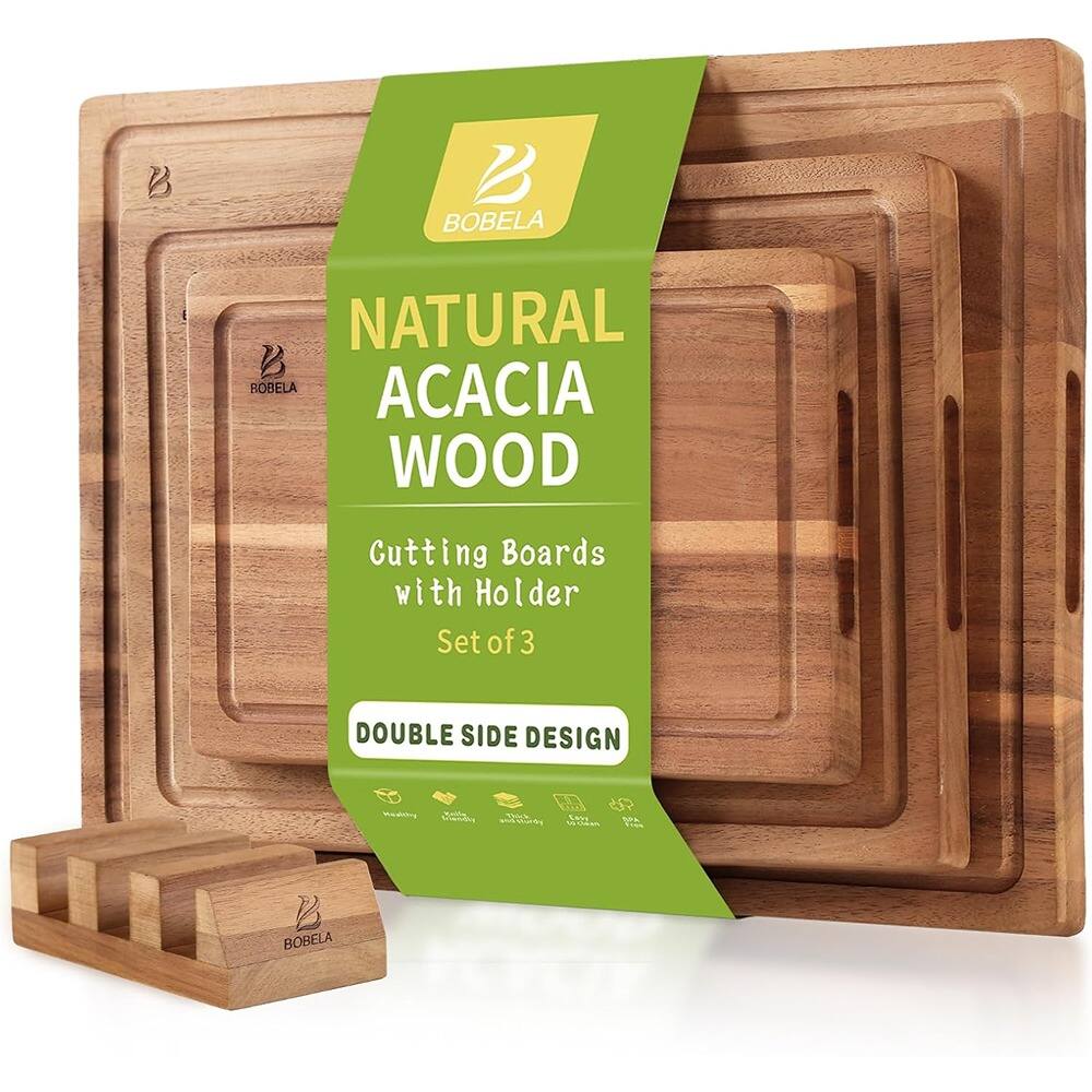BOBELA NATURAL ACACIA WOOD Cutting Boards with Holder Set of 3 DOUBLE SIDE DESIGN