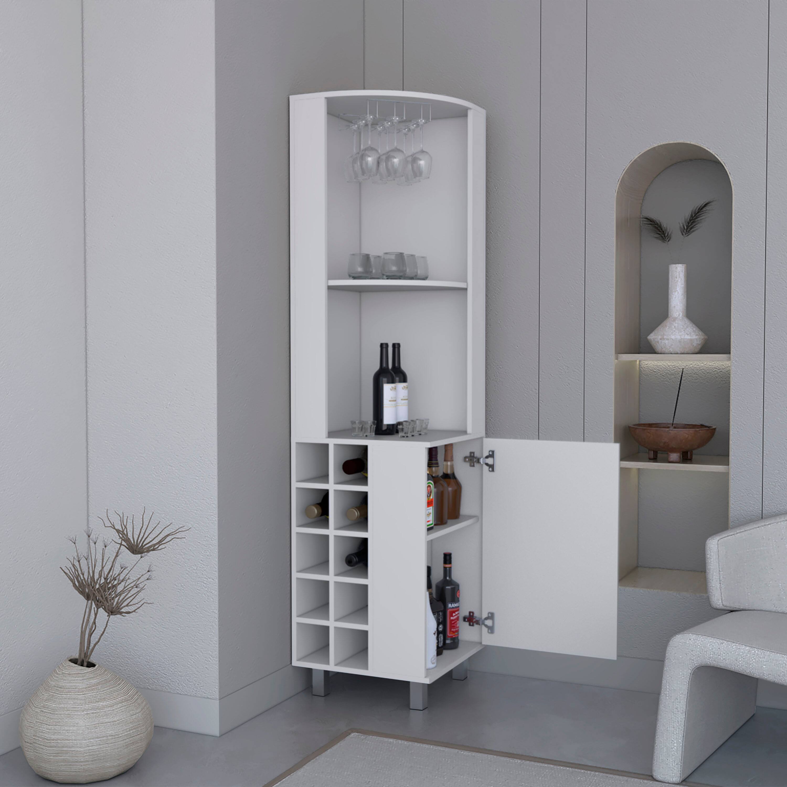 Alt View 1. TuHome - Kaia Corner Bar Cabinet with Four Shelves, Ten Wine Bottle Cubbie Stemware, Bar Room or Living Room - White.