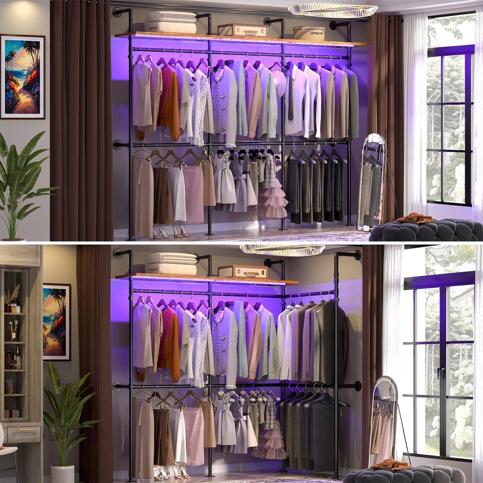 Left. Aheaplus - 118.3" Reversible Industrial Pipe Clothing Rack - Heavy Duty Garment Rack with LED Lights & Shelves for Walk-in Closet - Rustic Brown.