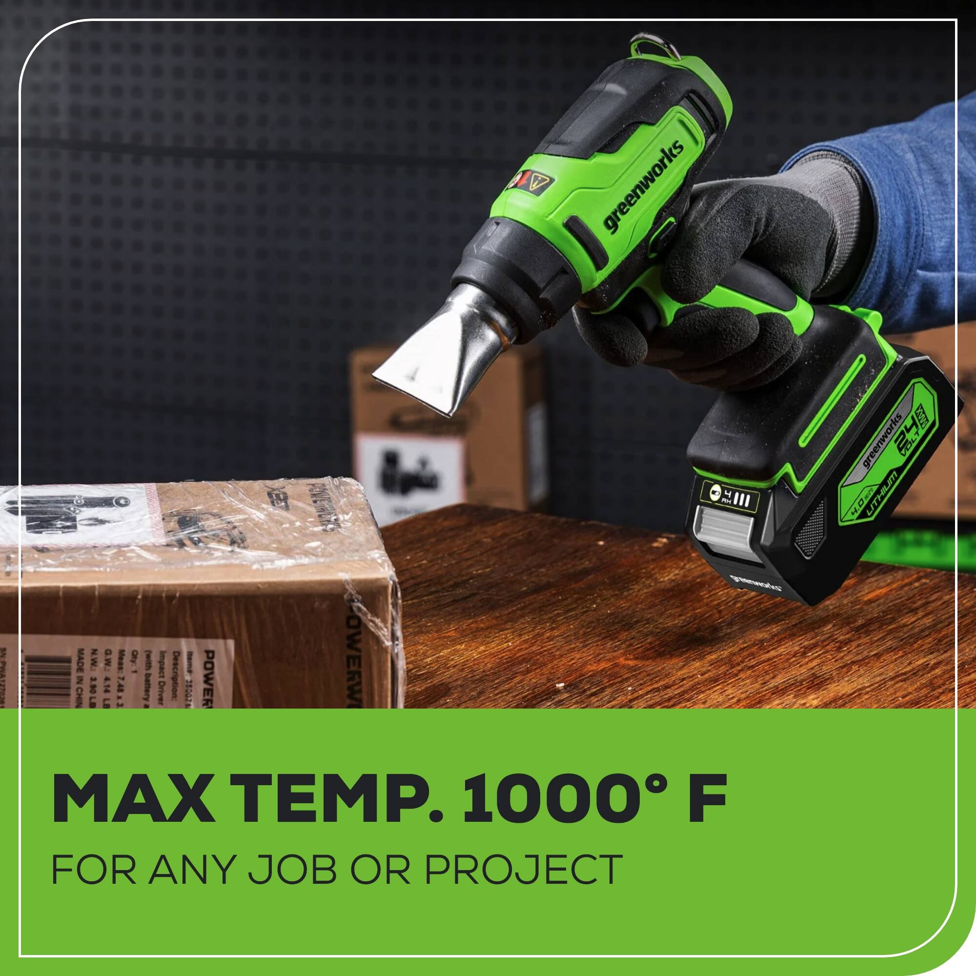 Greenworks I - III SAOMUID  
LITHIUM - $ MADE IN USA  
G.W I Oy I impact !  
POWERWIRE - PRATINN CHINA 2 2.80 PUY  
1 battery Driver  
Description: I POWER a LE d MAX TEMP. 1000 F FOR ANY JOB OR PROJECT