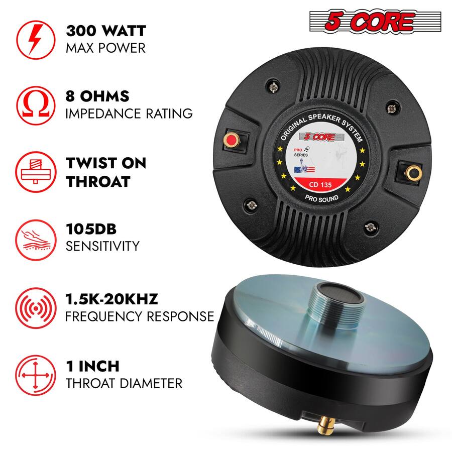 5 CORE Compression Driver 300W RMS 8 Ohm Titanium Horn Audio 5 CORE Compression Driver 300W RMS 8 Ohm Titanium Horn Audio