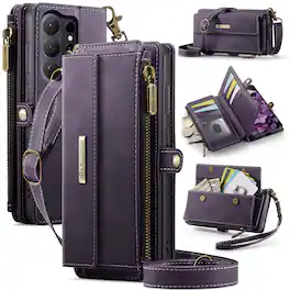 Dteck - Wallet Case for Samsung Galaxy S26 Ultra, Leather Shockproof Card Slots Zipper Pocket Cover With Shoulder Strap+Lanyard - Purple
