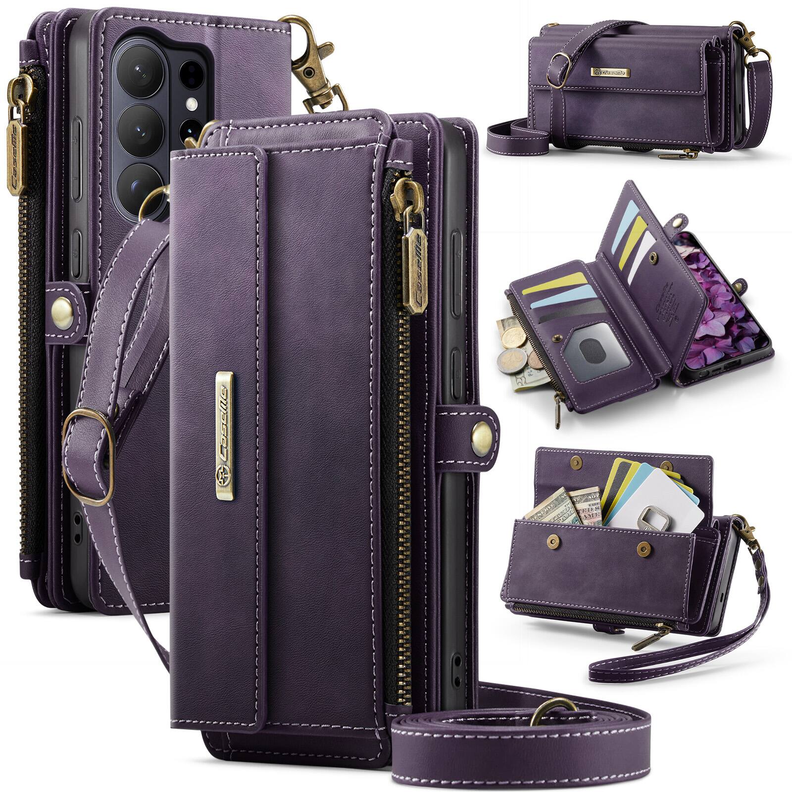 Dteck - Wallet Case for Samsung Galaxy S26 Ultra, Leather Shockproof Card Slots Zipper Pocket Cover With Shoulder Strap+Lanyard - Purple