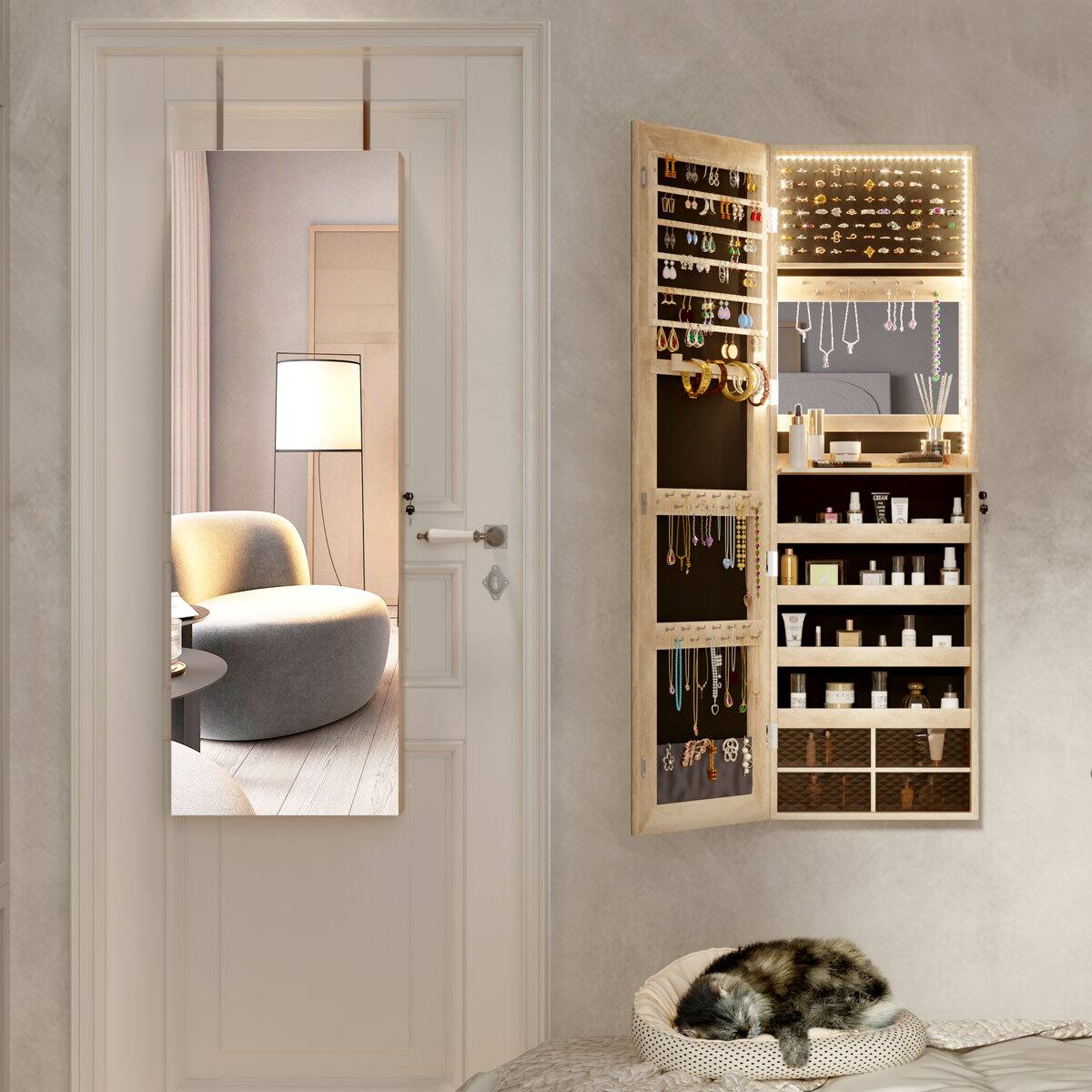 Alt View 2. Malletson - 47" x 14.5" Mirrored Jewelry Cabinet with 3-Color LED Lights, Wall/Door Mount Lockable Jewelry Storage Armoire - Brown - Brown.