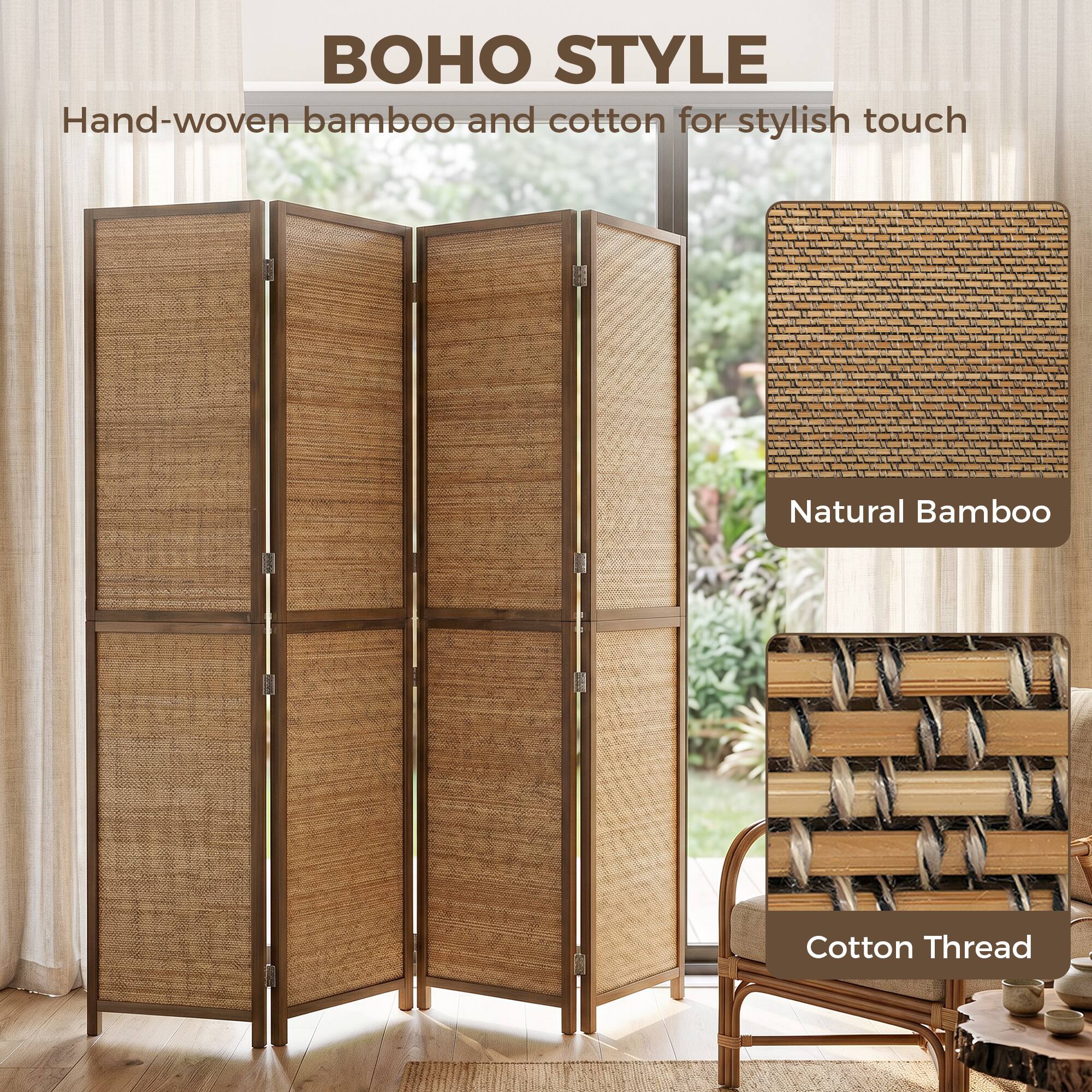 BOHO STYLE  
Hand-woven bamboo and cotton for stylish touch  
Natural Bamboo  
Cotton Thread