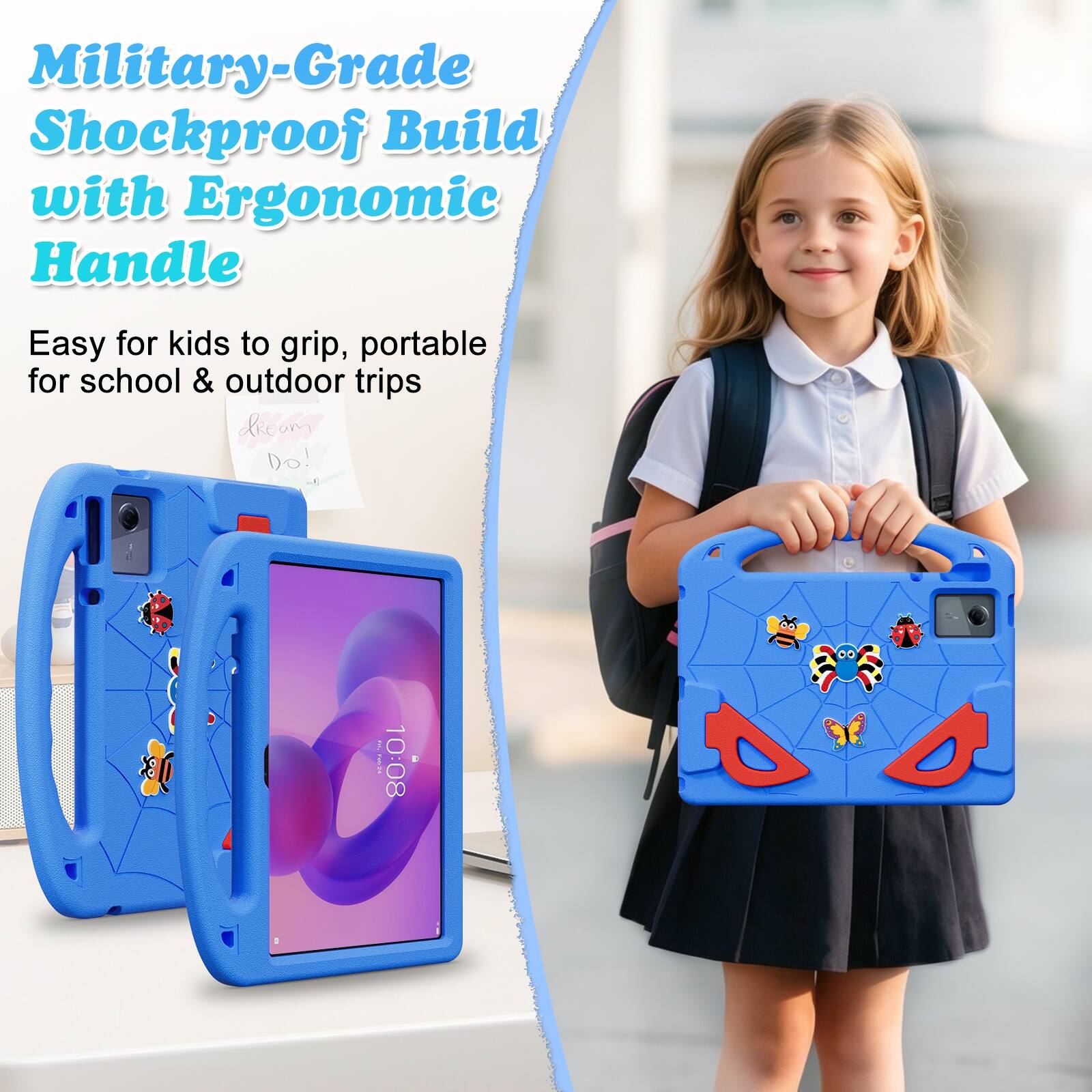 Military-Grade Shockproof Build with Ergonomic Handle  
Easy for kids to grip, portable for school & outdoor trips