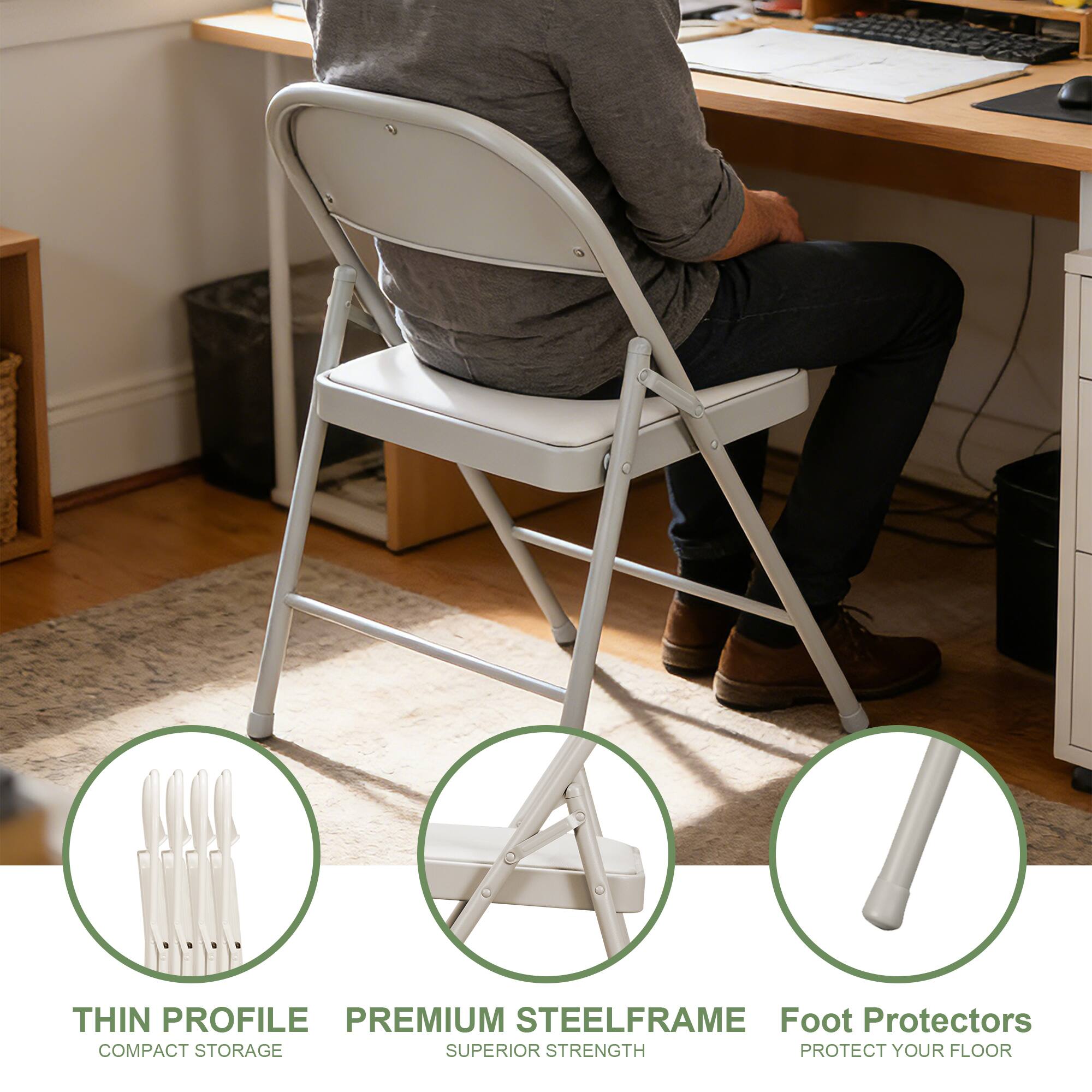 - Thin Profile
  - Compact Storage

- Premium Steel Frame
  - Superior Strength

- Foot Protectors
  - Protect Your Floor