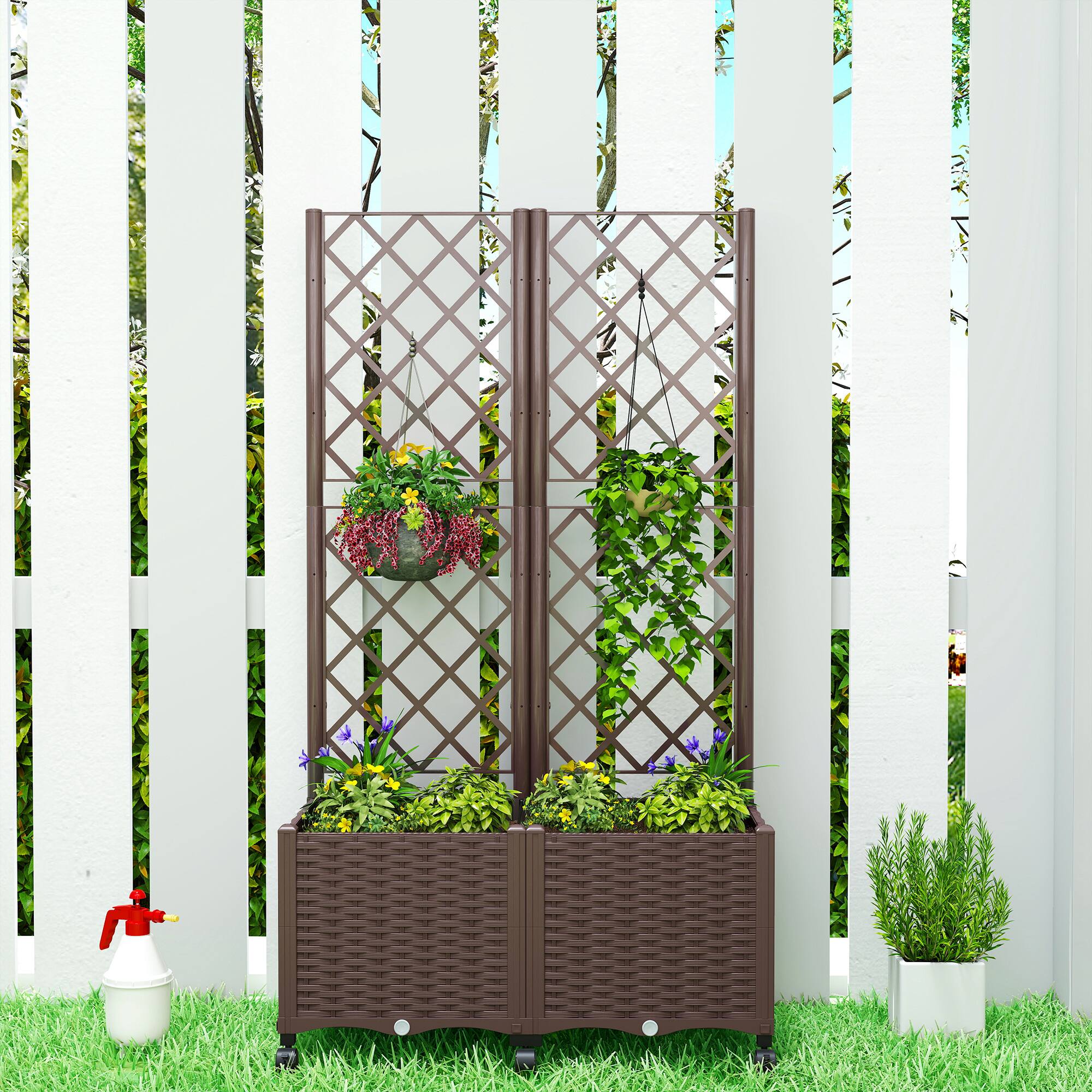Alt View 7. Outsunny - Planter Box with Trellis, Self Watering Raised Garden Bed with Lockable Wheels, 56.3" Trellis Privacy Planter.