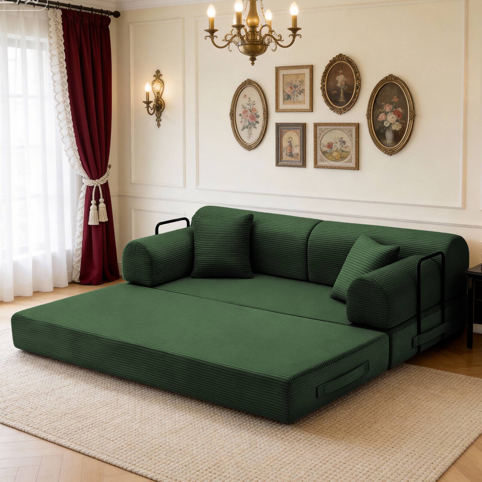 Angle. Anysun - Corduroy Convertible Sleeper Sofa Bed - Folding Mattress Couch with Fixed Frame for Living Room & Bedroom - Green.