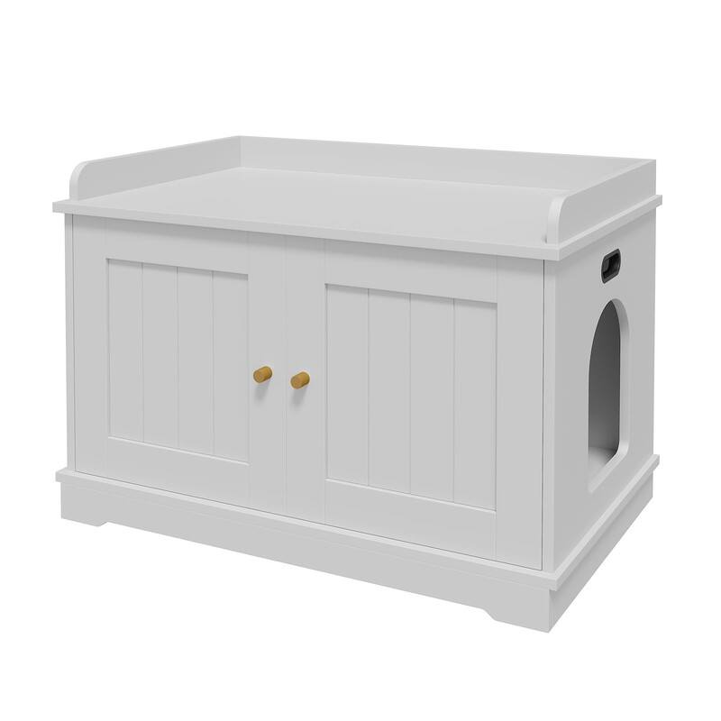 Front. GARVEE - Modern Wooden Hidden Cat Litter Box Enclosure w/Barn Doors - Ventilated Large Capacity Pet House & Storage Bench - White.