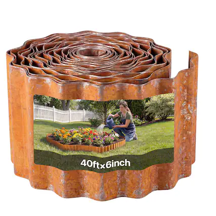 Front. VEVOR - Carbon Steel Landscape Edging, 40 ft x 6 in Steel Edging for Landscaping with Gloves, Easy-to-Install Bendable - Rust.