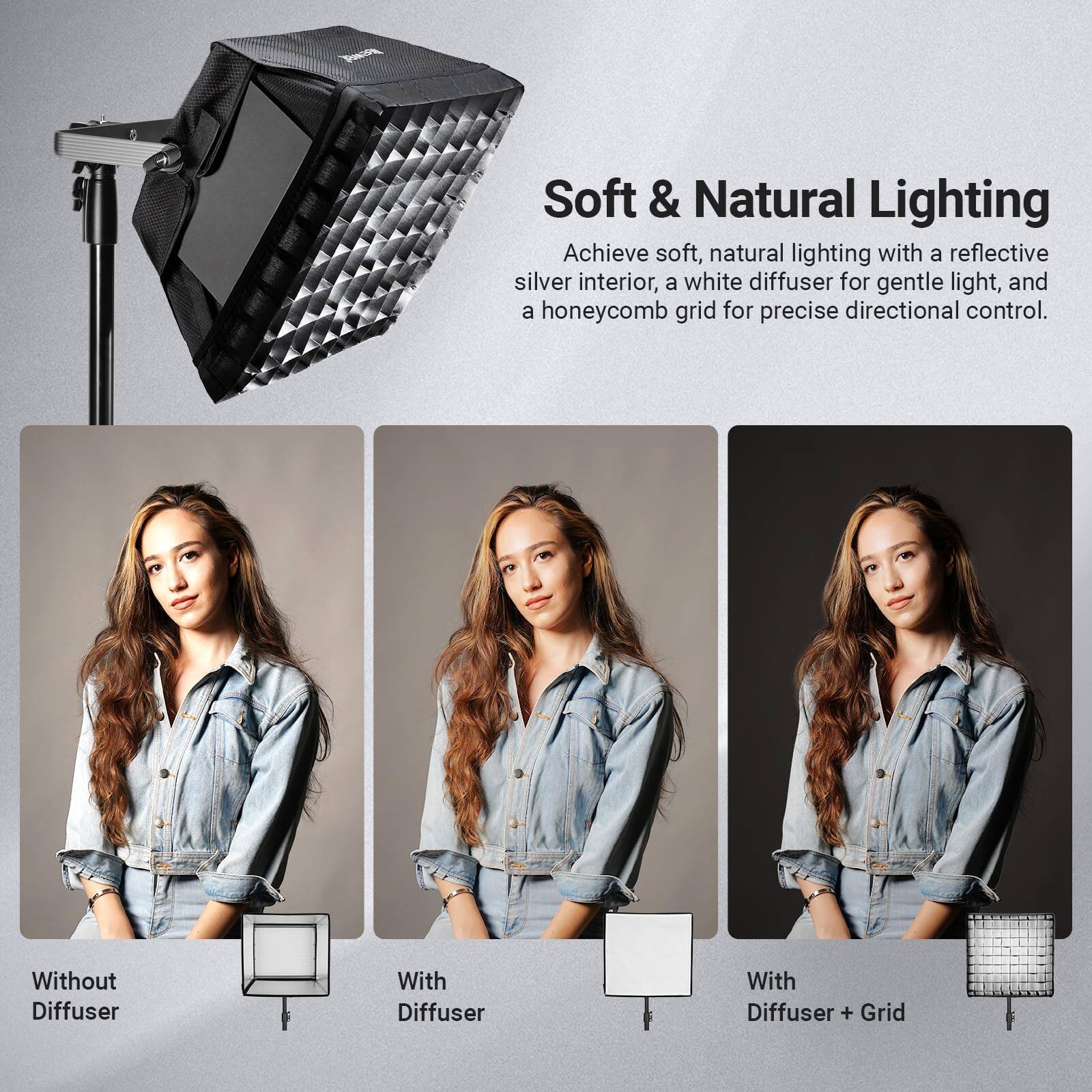 Soft & Natural Lighting  
Achieve soft, natural lighting with a reflective silver interior, a white diffuser for gentle light, and a honeycomb grid for precise directional control.  

Without Diffuser  
With Diffuser  
With Diffuser + Grid