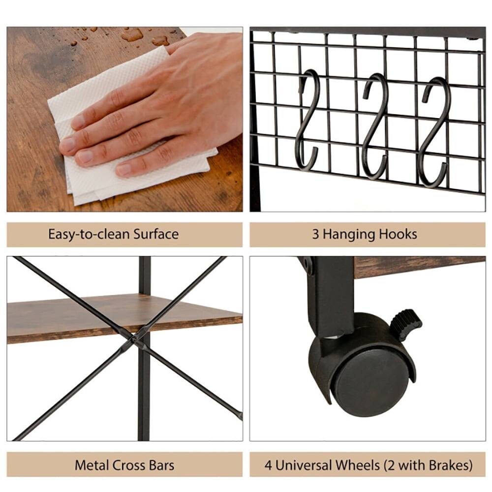 Easy-to-clean Surface  
3 Hanging Hooks  
Metal Cross Bars  
4 Universal Wheels (2 with Brakes)