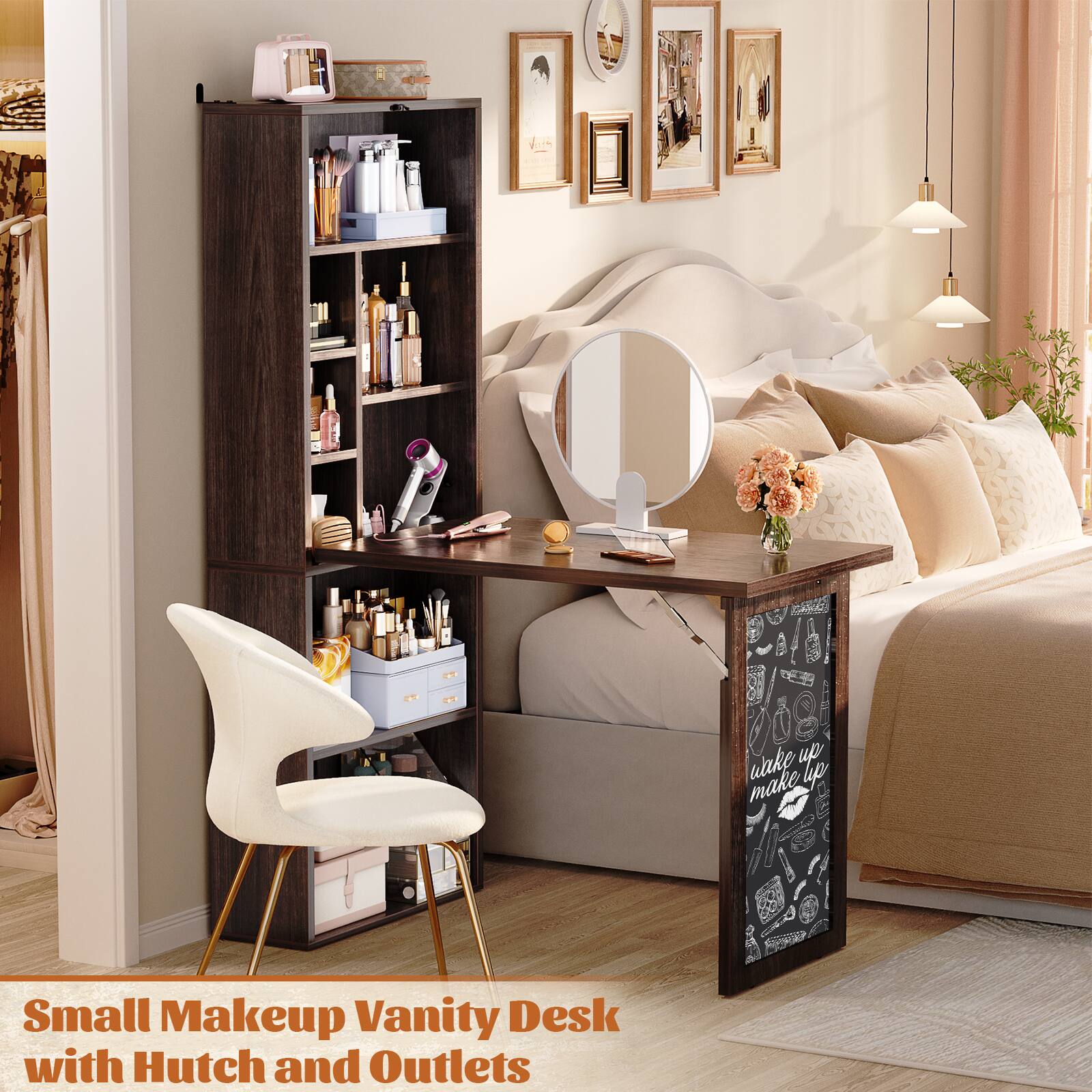 Small Makeup Vanity Desk with Hutch and Outlets
