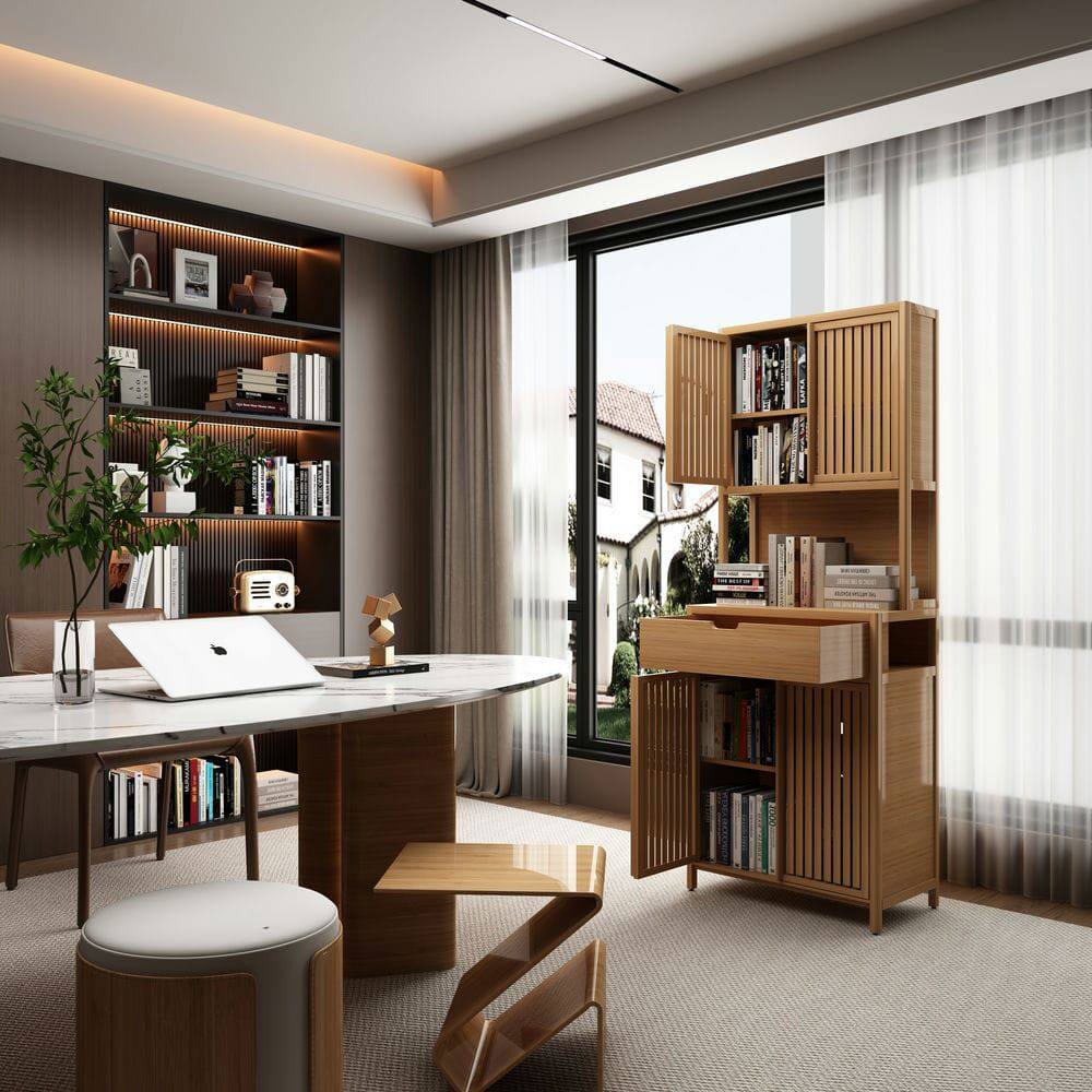 Alt View 2. Kadyn - 72-foot-tall, Wood-coloured, Double-door bamboo high-capacity storage cabinet for main living spaces - Brown.