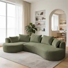 Dyonery - 122" Modern Curved Sectional Sofa with Chaise, Boneless Couch with 5 Throw Pillows for Living Room - Green