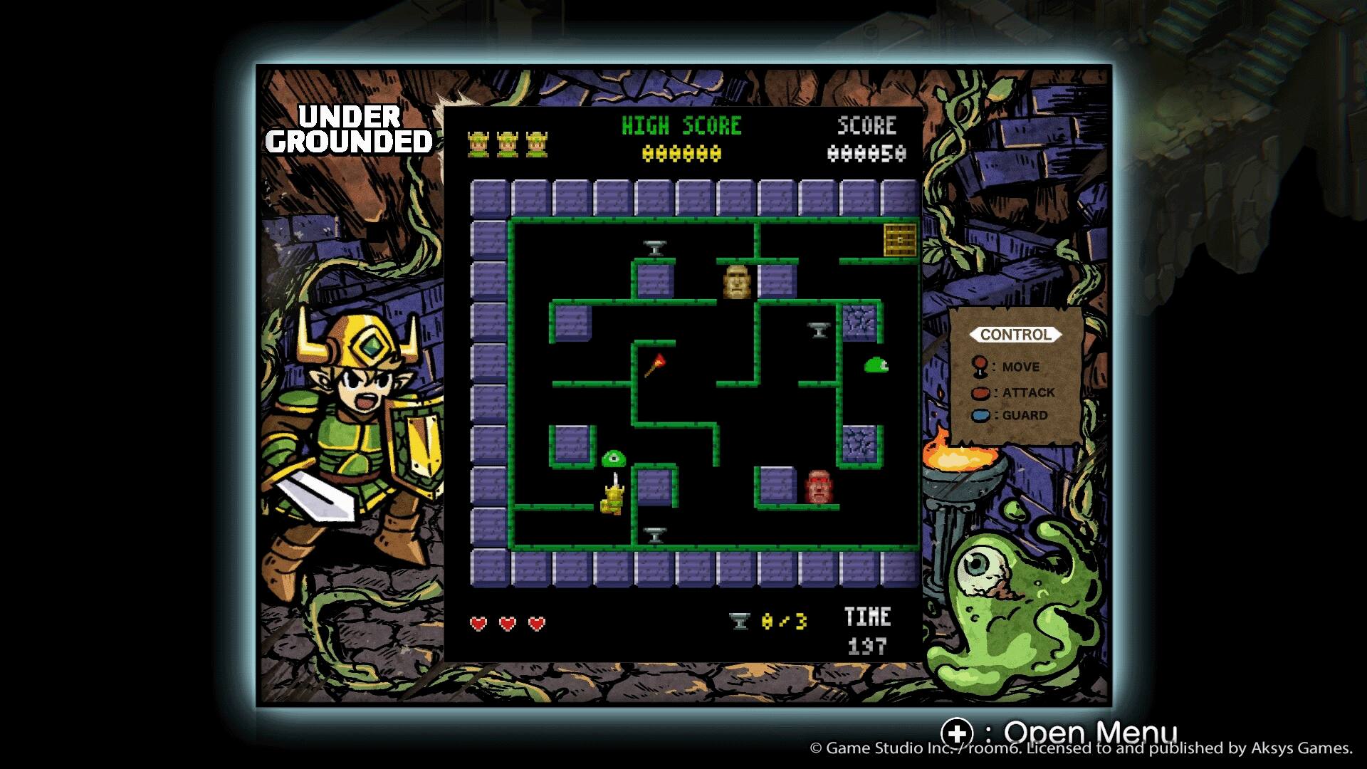 UNDER GROUNDED

HIGH SCORE 000000

SCORE 000050

CONTROL
MOVE
ATTACK
GUARD

8/3

TIME 197

+ : Open Menu

© Game Studio Inc.-room6. Licensed to and published by Aksys Games.