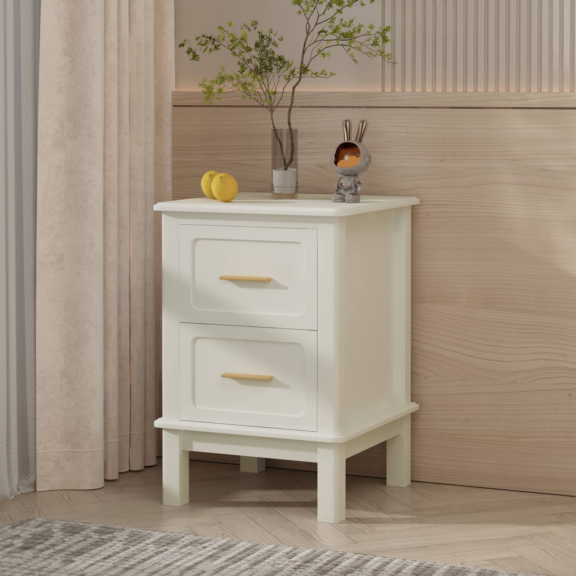 Left. Z-Edge - Modern Nightstand with 2 Drawers, Bedside Table with Gold Handles, Wood Accent Table for Bedroom, Living Room - Cream White.