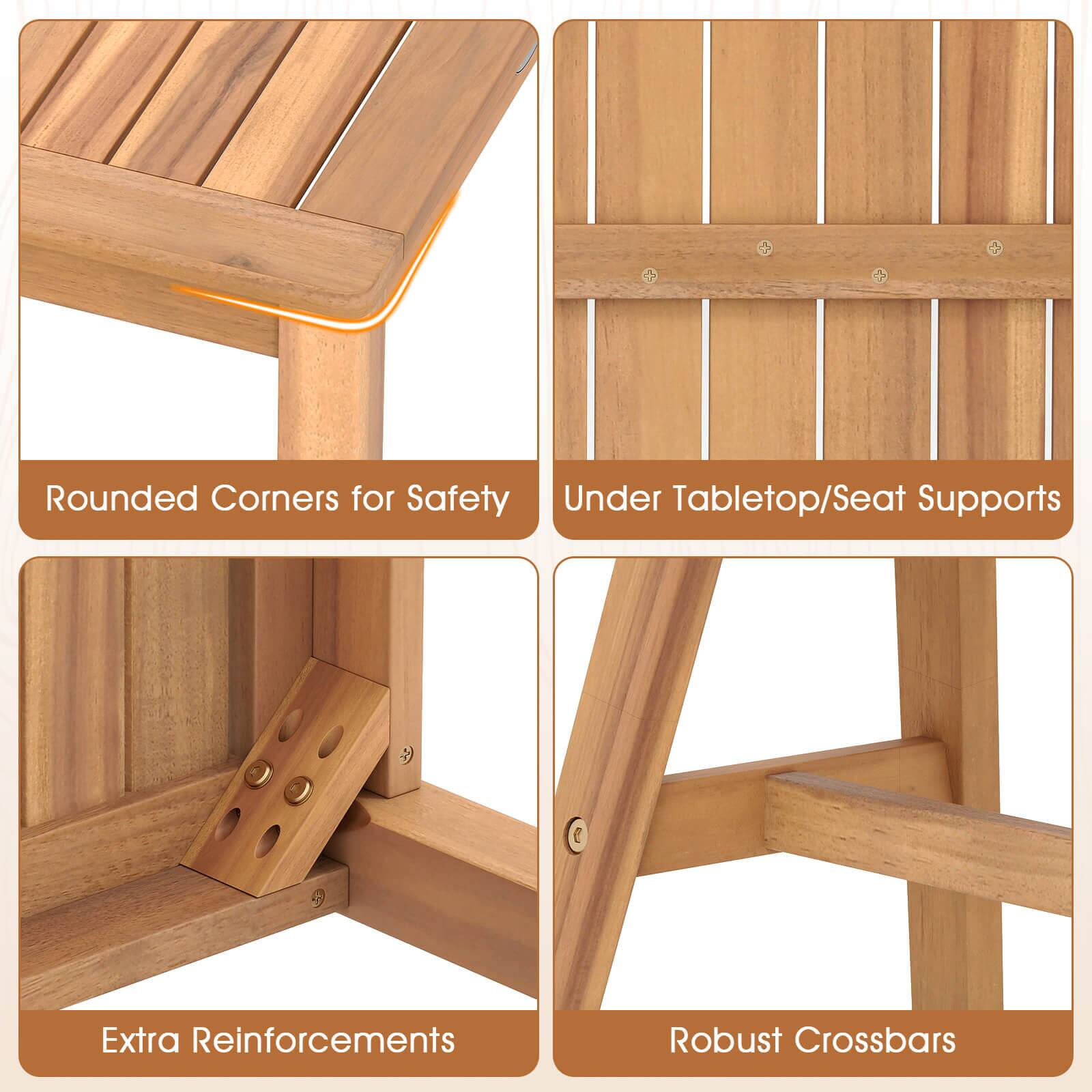 - Rounded Corners for Safety
- Under Tabletop/Seat Supports
- Extra Reinforcements
- Robust Crossbars
