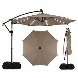 Costway - 10 FT Solar Offset Hanging Umbrella Patio Cantilever Umbrella with 32 LED Lights - Brown
