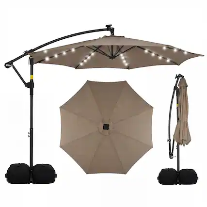 Front. Costway - Costway 10 FT Solar Offset Hanging Umbrella Patio Cantilever Umbrella with 32 LED Lights - Brown.