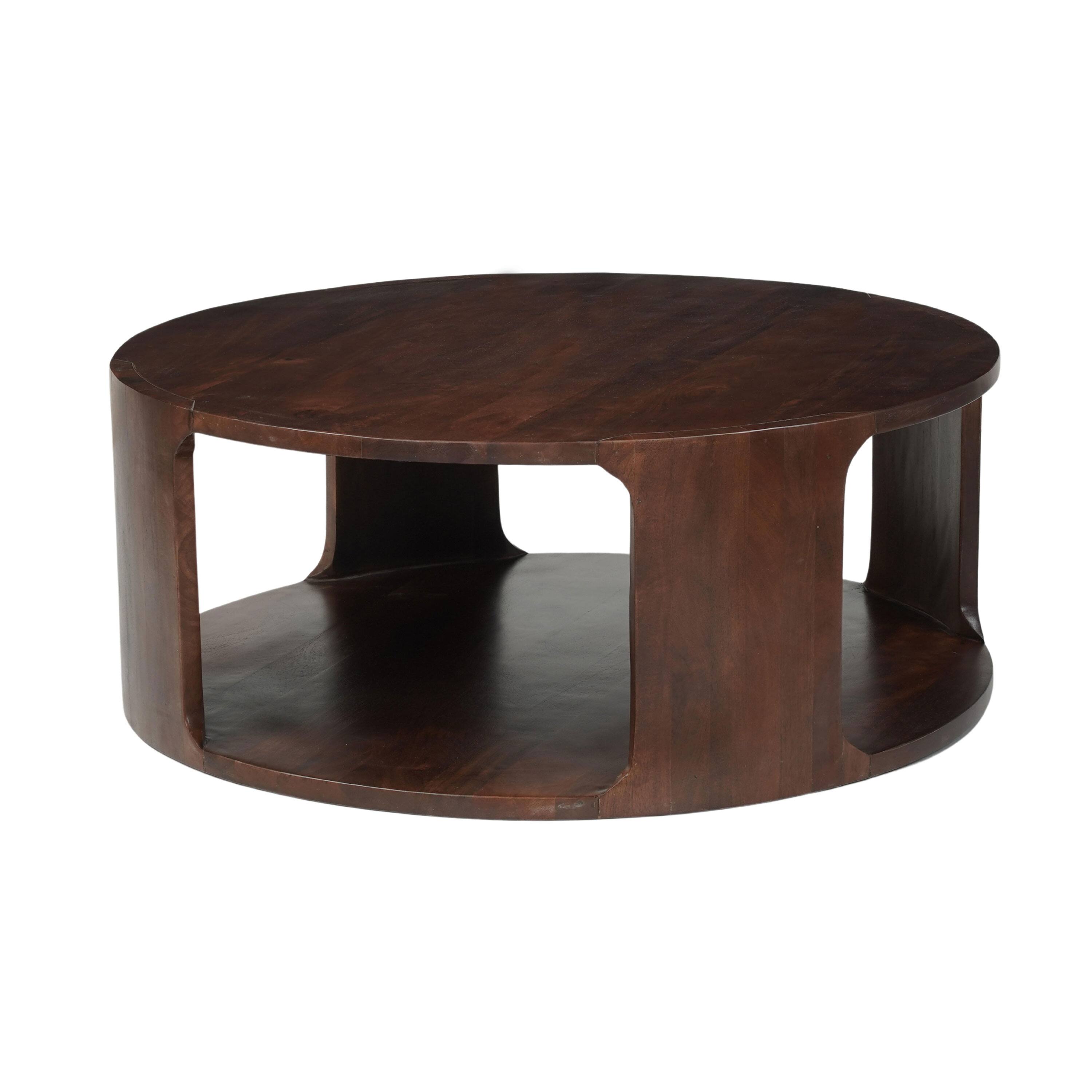 Angle. Manhattan Lane - Bard Coffee Table, 38 Inch Round Top with Shelf, Walnut Brown Mango Wood Sculptural Frame - Brown.
