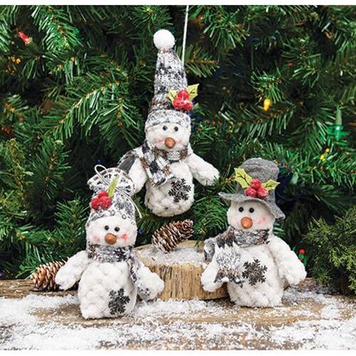Angle. BreeBe - Plush Snowman Ornament 3 Asstd. - White.