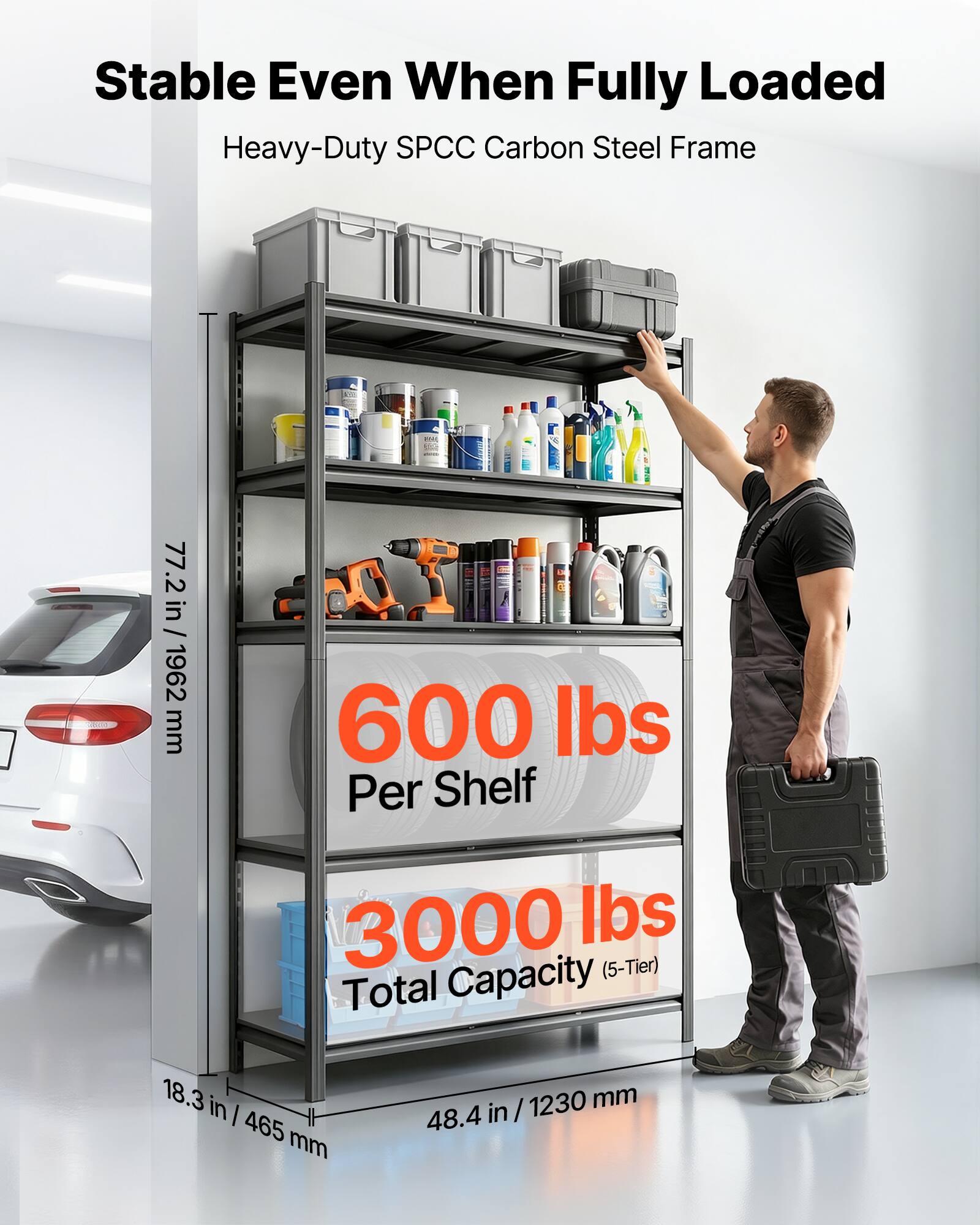 Stable Even When Fully Loaded  
Heavy-Duty SPCC Carbon Steel Frame

77.2 in / 1962 mm  
600 lbs Per Shelf  
3000 lbs Capacity (5-Tier) Total  
18.3 in / 465 mm  
48.4 in / 1230 mm