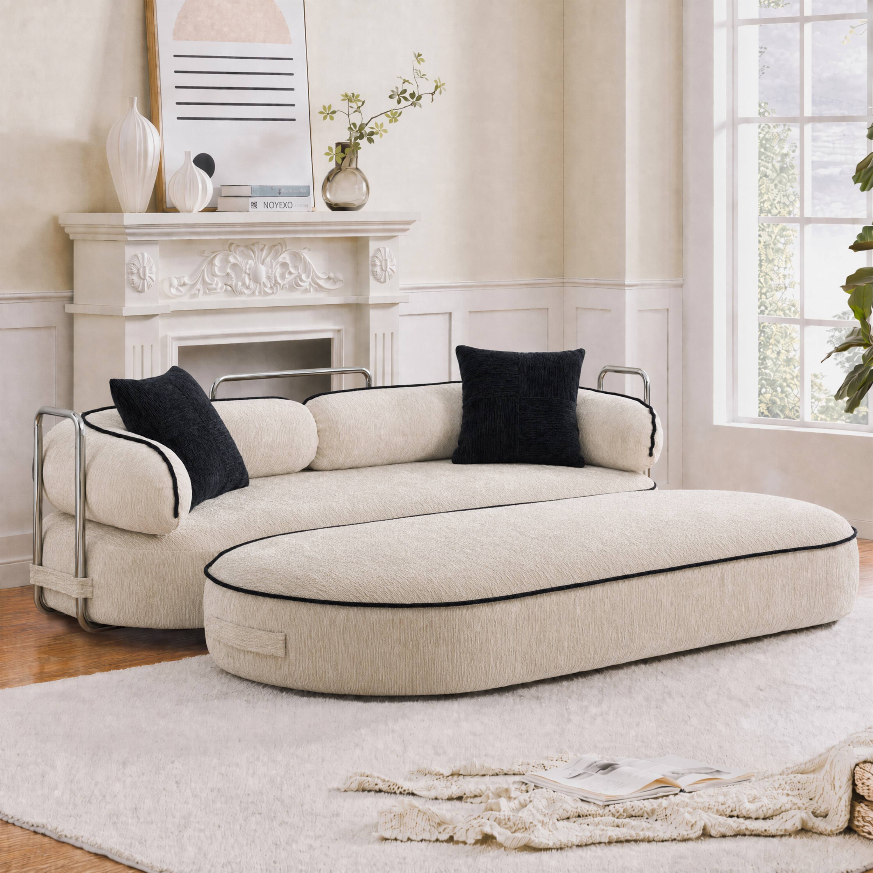 Left. Vipbear - Curved Loveseat with 4 Pillows, Modern Boneless Couch, Convertible Sleeper Sofa Bed - Khaki.