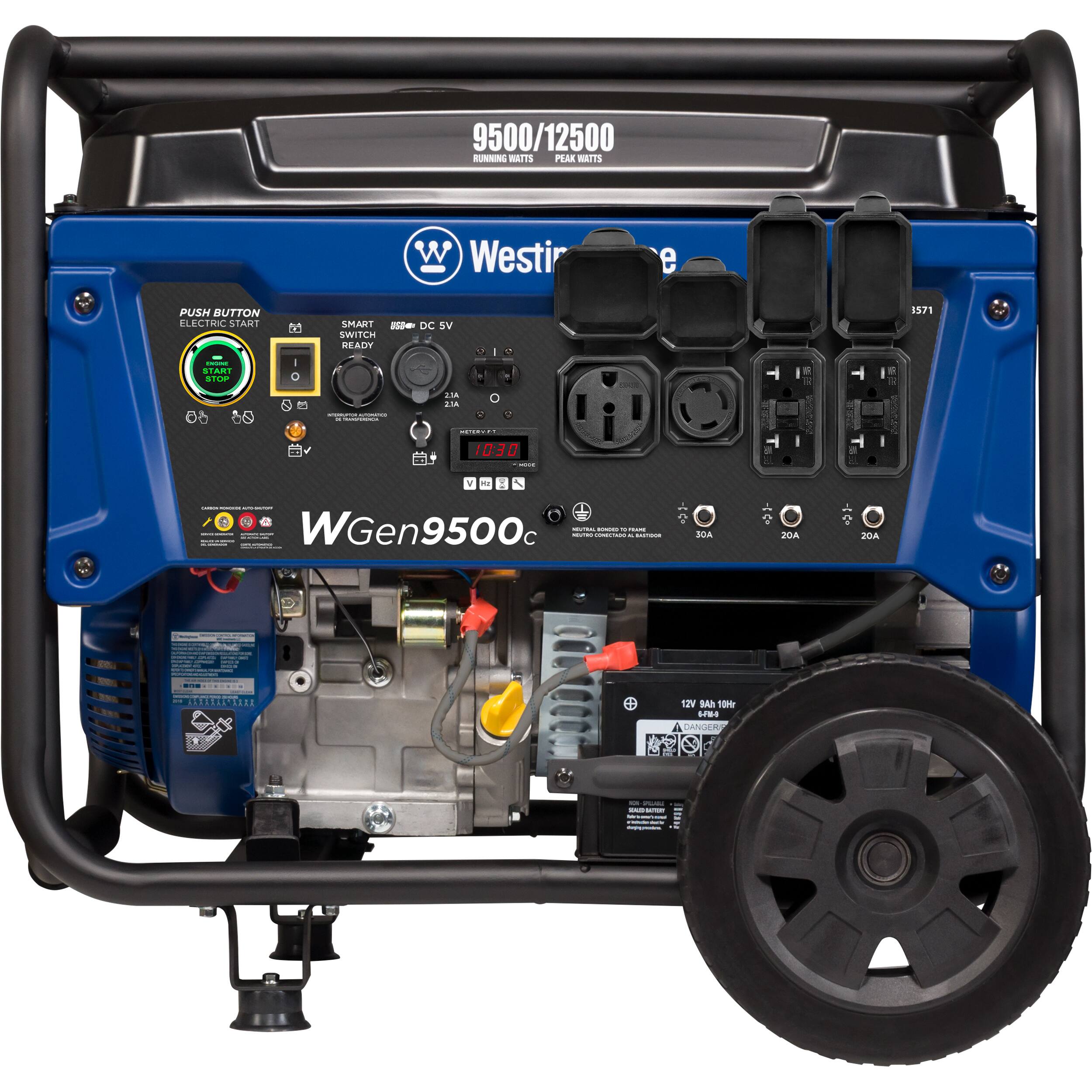 9500/12500 RUNNIN WATTS PEAK WAFTS  
Westin  
PUSH BUTTON ELECTRIC START  
SMART DC SV SWITCH READY  
WGen9500c  
12V 100Ah  
20A