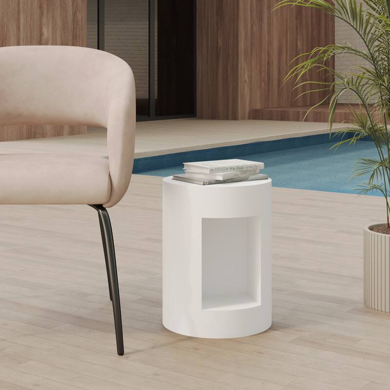 Left. LeisureMod - Nook Cylindrical Fiberstone Accent Table, 14" Round Modern Storage End Table - Weather Resistant - White.