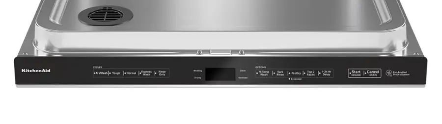 The image features a kitchen appliance, specifically a dishwasher, with a control panel displaying various options. The control panel has buttons for different washing cycles, including Tough, Normal, Express Wash, Rinse Only, and Washing Drying. There are also options for Hi Temp Wash, Sani Rinse, and Top 2 ProDry Racks. The dishwasher also has a delay start and cancel button, as well as a resume button. The appliance is designed to be energy-efficient and environmentally friendly, with a fan-enabled ProDry system.