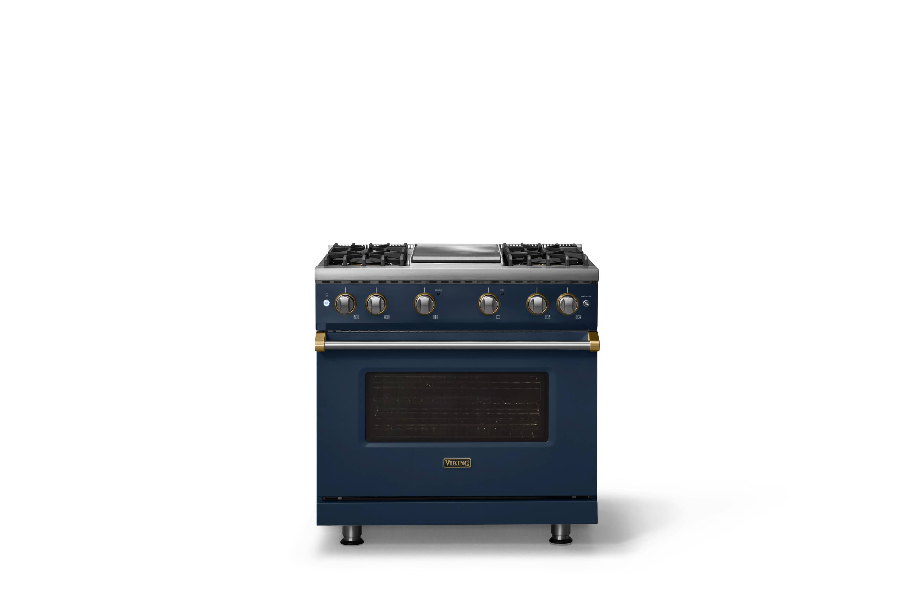 Alt View 1. Viking - 36 in. Wide 4 Burner Pro 5 Series 5.1 Cu. Ft. Freestanding Sealed 4 Burner LP Gas Convection Range with Brushed Brass - Slate Blue.