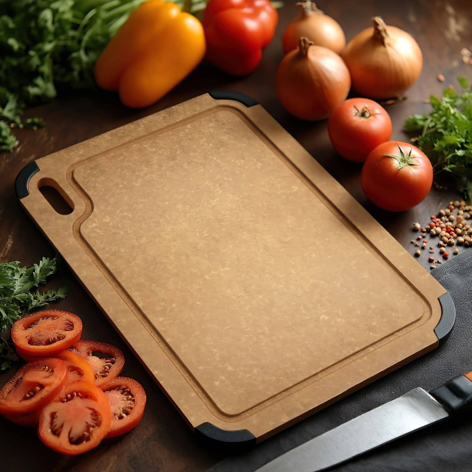 Malletson - Fiber Cutting Board, Dishwasher Safe, Non-slip Chopping Board with Juice Groove and Hanging Hole for Kitchen - wood