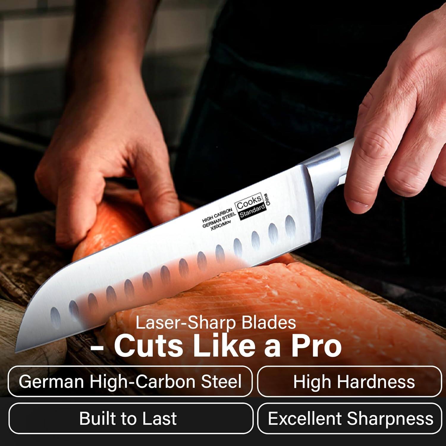 Cooks China HIGH CARBON STEEL Standard GERMAN  
Laser-Sharp Blades - Cuts Like a Pro  
German High-Carbon Steel  
High Hardness  
Built to Last  
Excellent Sharpness