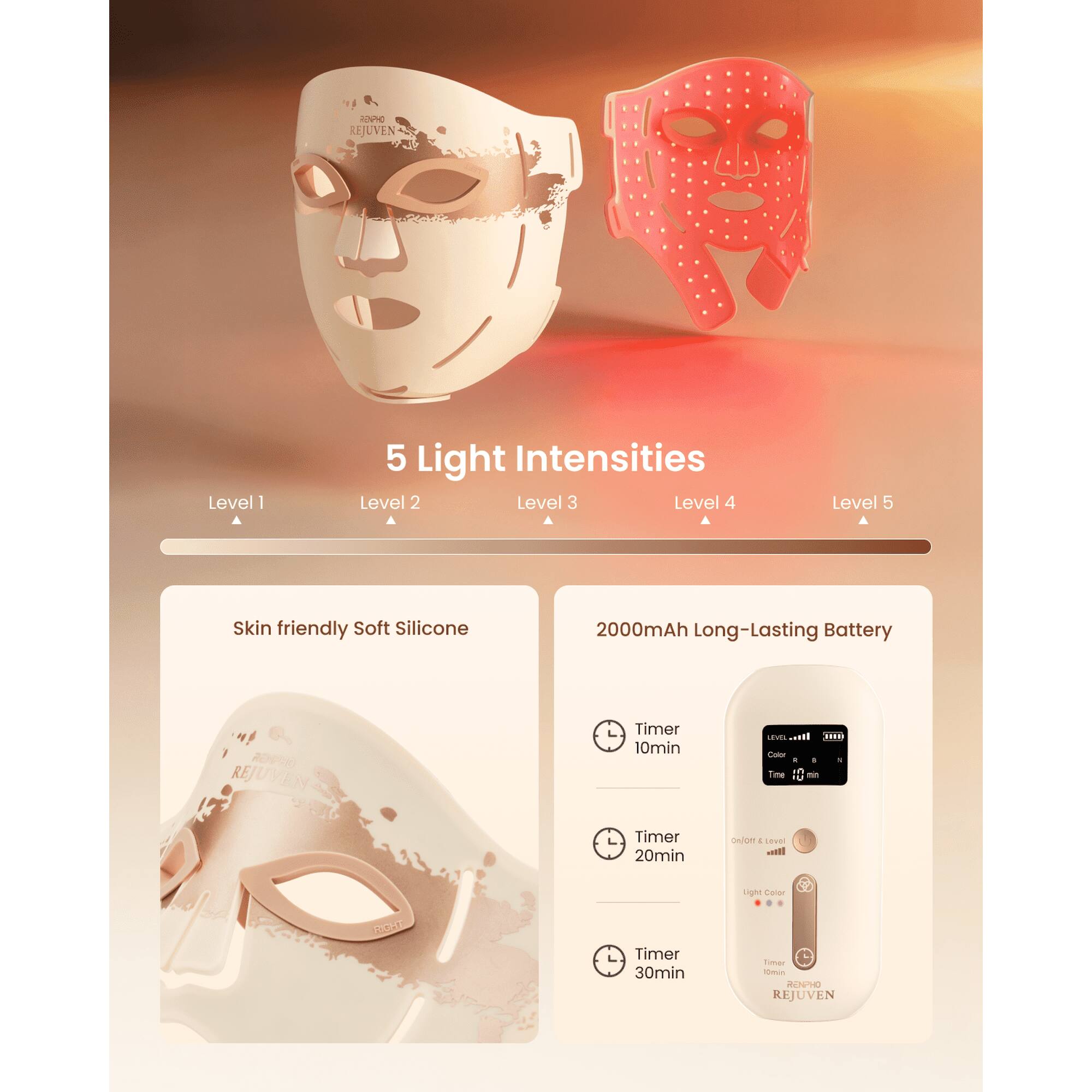 ROVO REJUVEN  
Level 1  
5 Light Intensities  
Level 2  
Level 3  
Level 4  
Level 5  
Skin friendly Soft Silicone  
2000mAh Long-Lasting Battery  
2 REJUVEN Timer  
10min  
20min  
30min  
REJUVEN