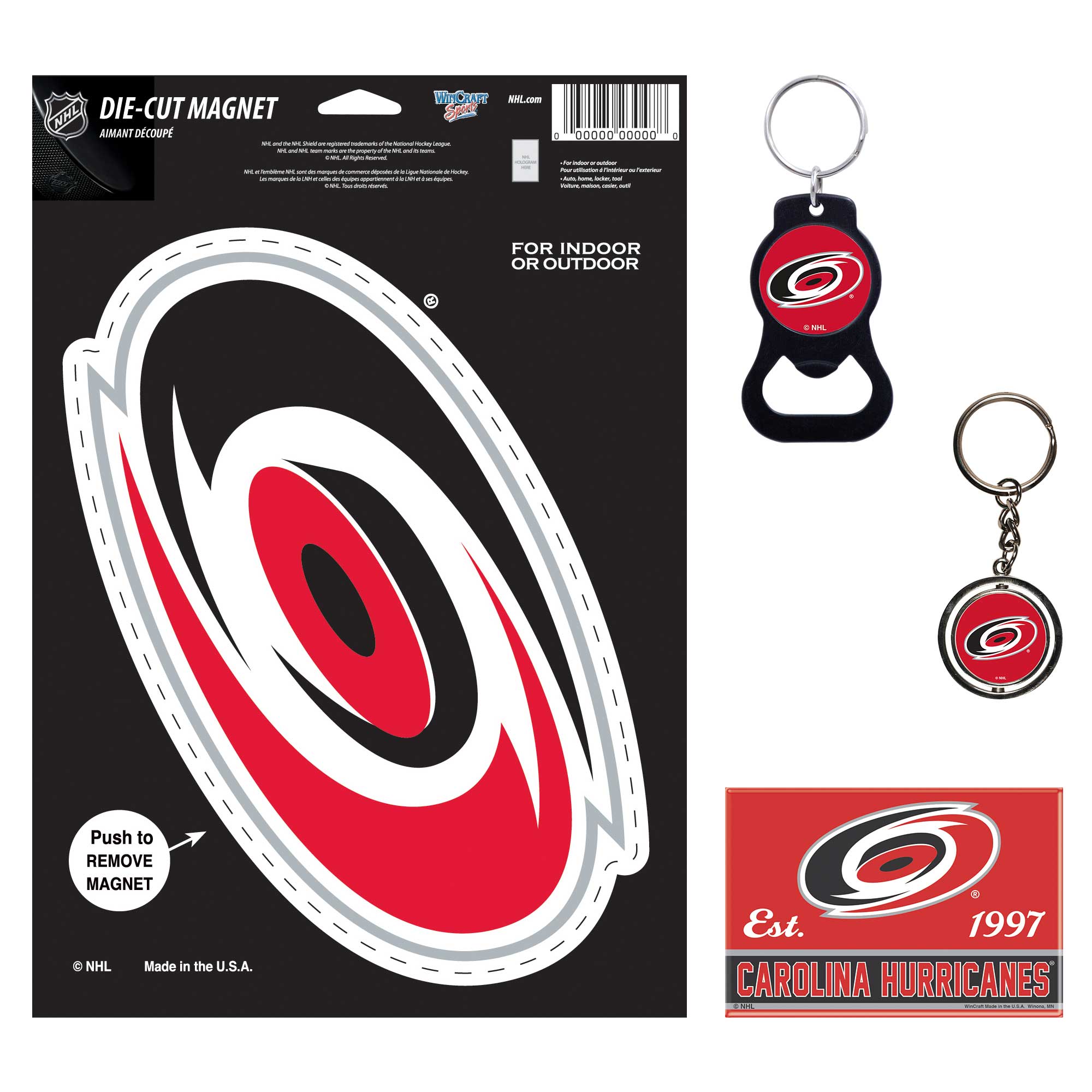 DIE-CUT MAGNET  
AIMANT DECOUPÉ  

FOR INDOOR OR OUTDOOR  

Push to REMOVE MAGNET  

© NHL  
Made in the U.S.A.  

Est. 1997  
CAROLINA HURRICANES