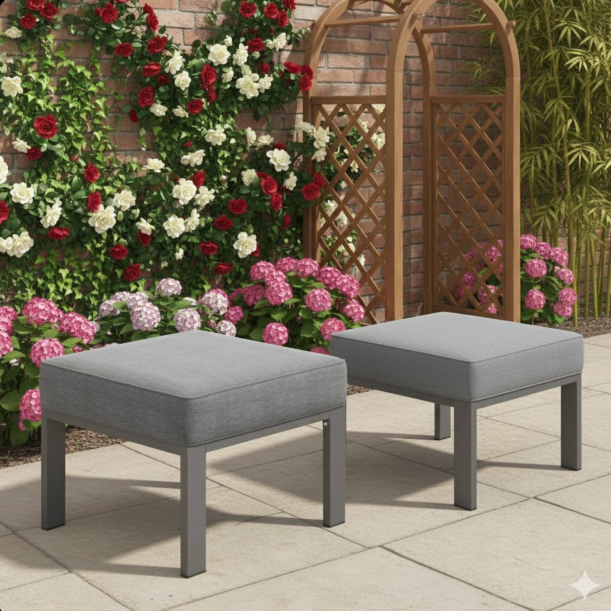 Angle. Mondawe - Set of 2,  22” All-Weather Metal Patio Ottomans Thick Gray Cushions & Gray Frame - Gray.