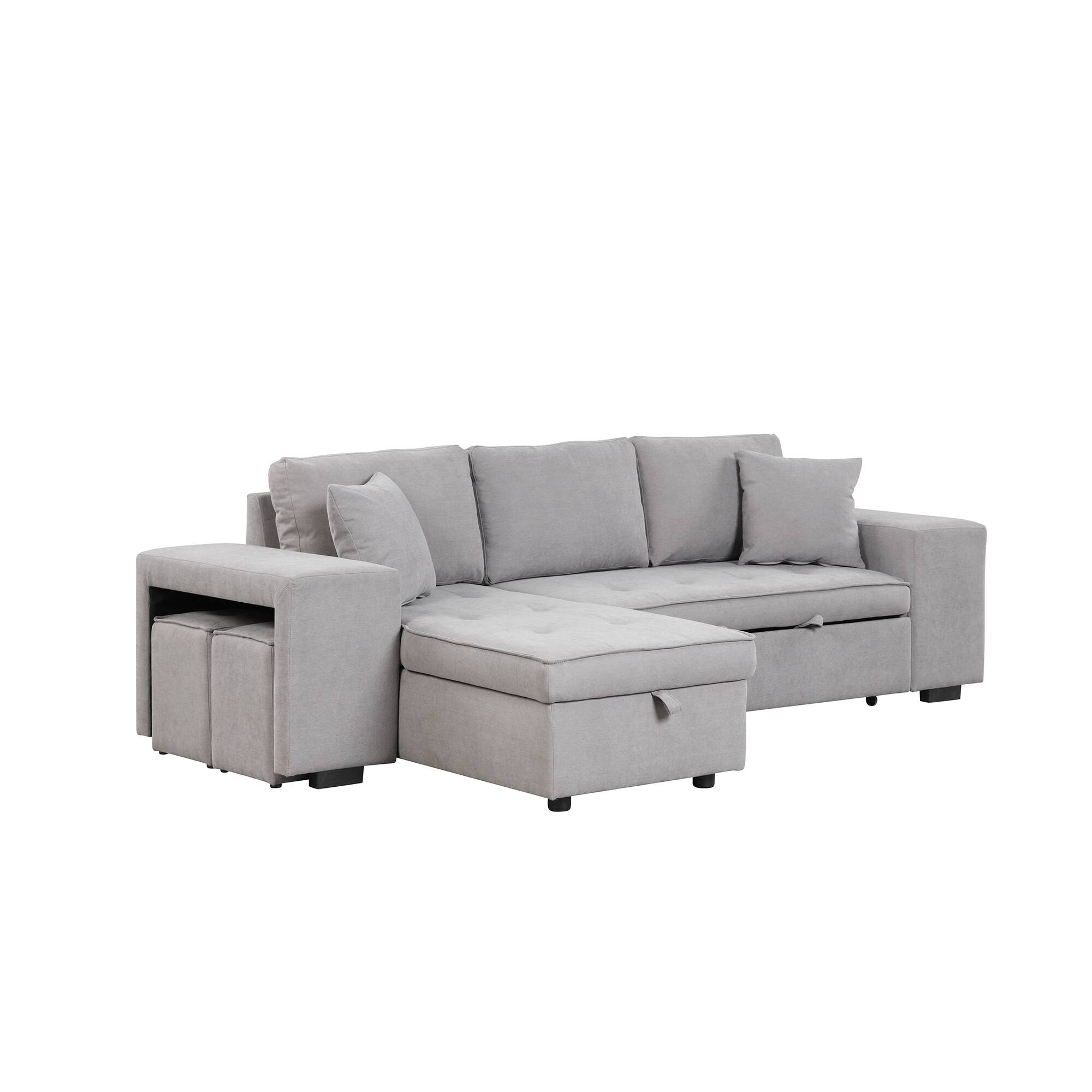 Left. LUCKY ONE - 104.5" L-Shape Reversible Pull-Out Sleeper Sectional Sofa with Storage Chaise & 2 Stools - Gray.