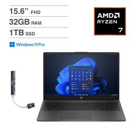 HP - 255 Laptop 15.6 FHD (AMD Ryzen 7 7730U, 32GB DDR4, 1TB PCIe SSD, AMD Radeon, Win 11 Pro) w/USB Hub - Dark Ash Silver